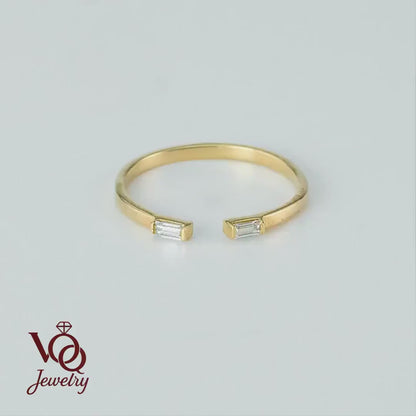 14K Solid Gold Double Baguette Open Ring, Minimalist Stackable Jewelry