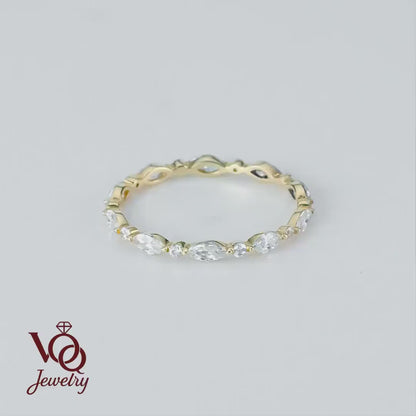 Marquise & Round Eternity Wedding Band, Dainty Stacking Ring in 14K Solid Gold, Bold Match