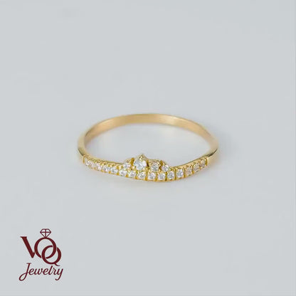 14K Solid Gold Crown Cluster Ruby Curved Ring, Minimal Stackable Crown Chevron Band