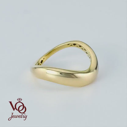 Wavy 14K Solid Gold Band, Chunky Curved Dome Ring, Asymmetrical Chevron Stackable Jewelry