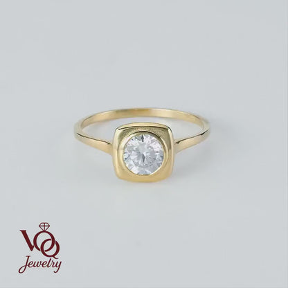 14K Solid Gold Square Bezel Round Cut Solitaire Ring, Minimalist Stackable Birthstone Jewelry